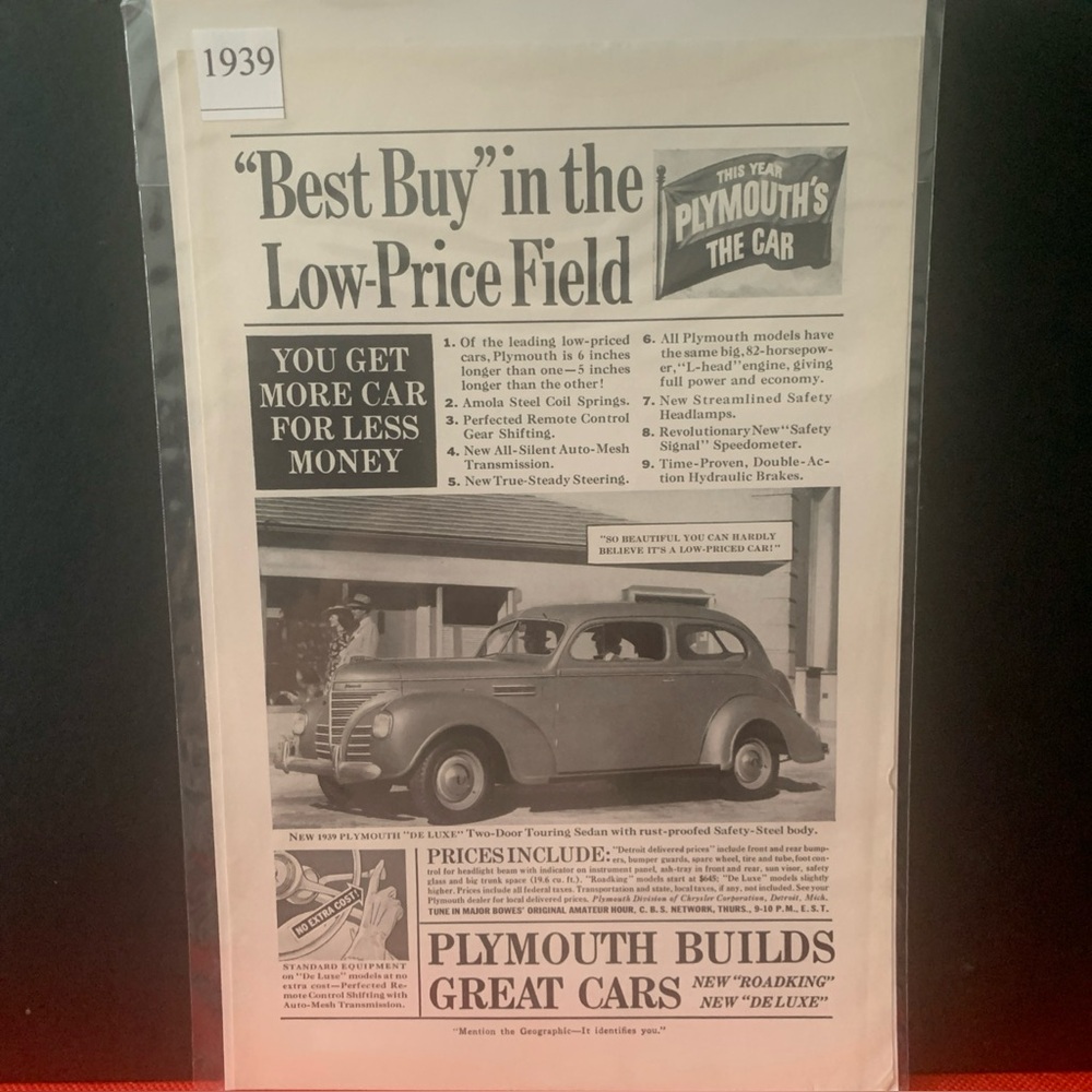Vintage 1939 Plymouth Best Buy in the Low-Price Field Ad Advertiseme